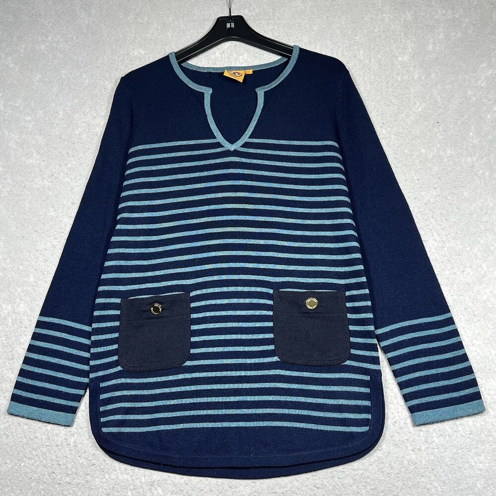 Tory Burch Knit Tunic Sweater Size Large Wool Cashmere Blend Navy Blue Striped